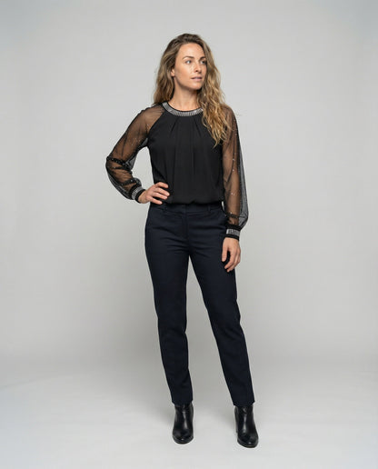 Women's Mesh Blouse with Rhinestone Trim and Sheer Sleeves
