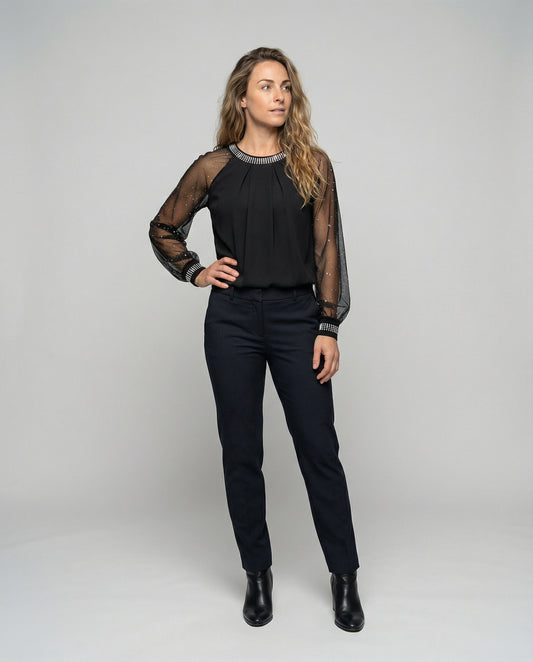 Women's Mesh Blouse with Rhinestone Trim and Sheer Sleeves