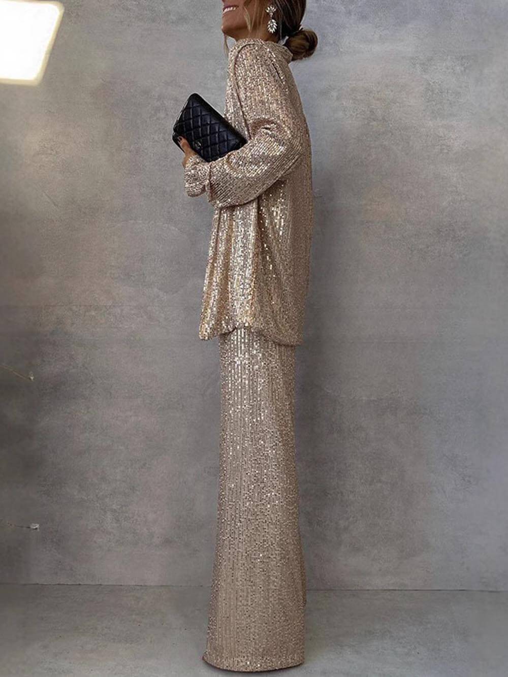 Women's Sparkling Blazer Suit with Wide Legs and Shimmering Sequins
