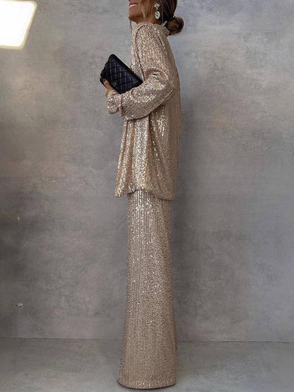 Women's Sparkling Blazer Suit with Wide Legs and Shimmering Sequins
