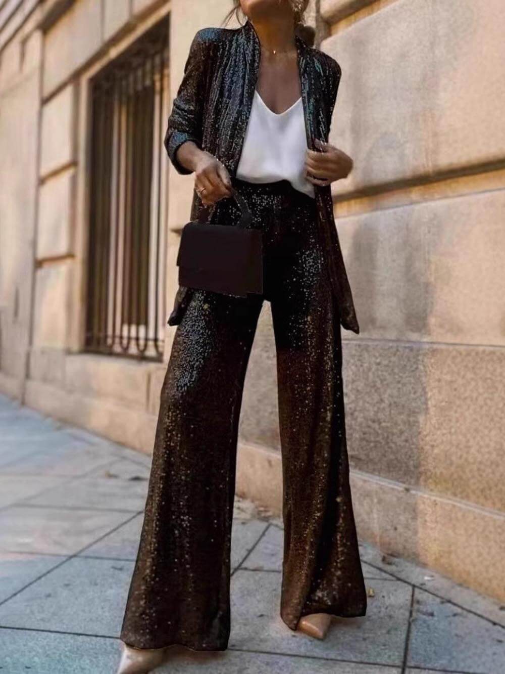 Women's Sparkling Blazer Suit with Wide Legs and Shimmering Sequins