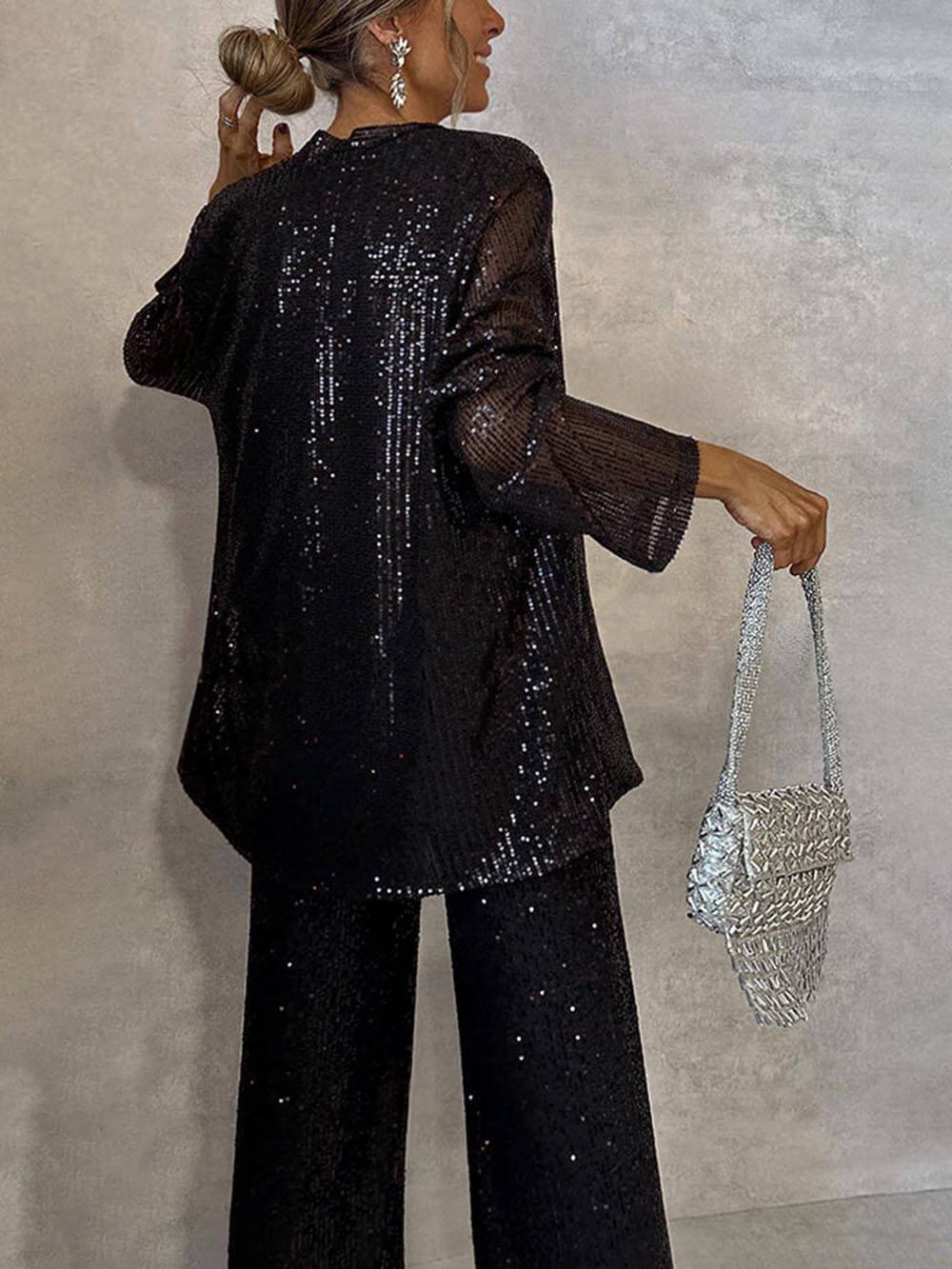 Women's Sparkling Blazer Suit with Wide Legs and Shimmering Sequins
