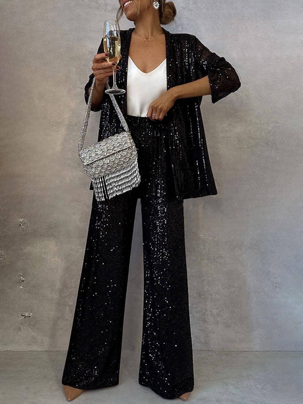 Women's Sparkling Blazer Suit with Wide Legs and Shimmering Sequins