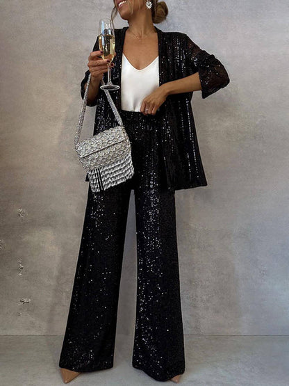 Women's Sparkling Blazer Suit with Wide Legs and Shimmering Sequins