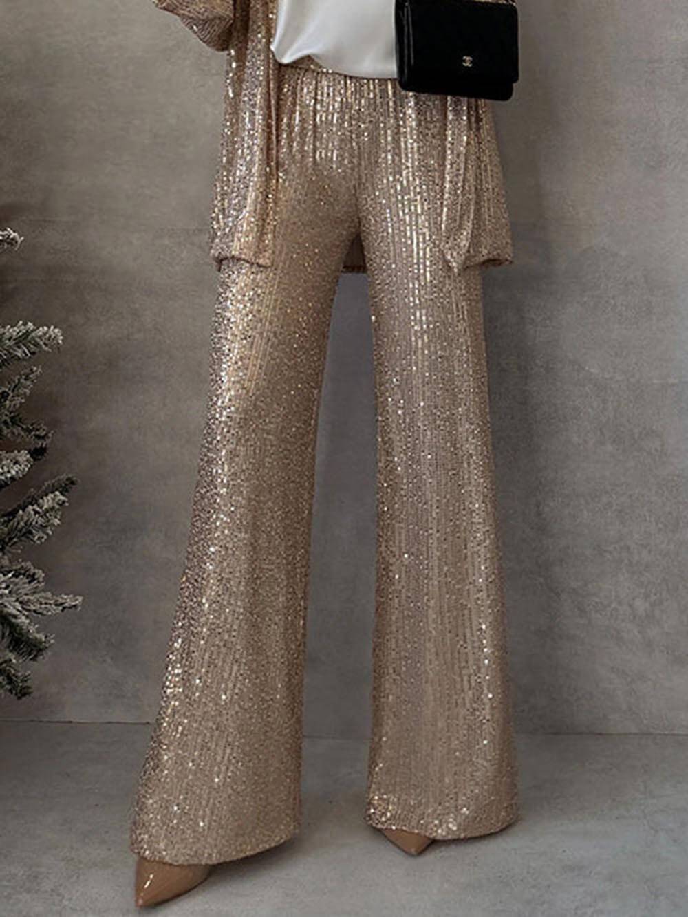 Women's Sparkling Blazer Suit with Wide Legs and Shimmering Sequins