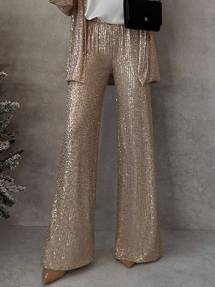 Women's Sparkling Blazer Suit with Wide Legs and Shimmering Sequins