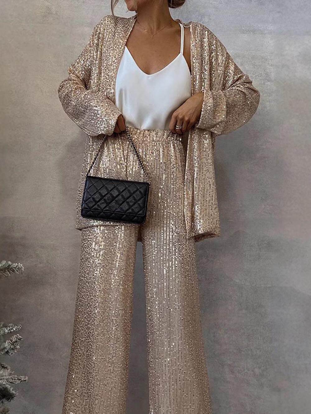 Women's Sparkling Blazer Suit with Wide Legs and Shimmering Sequins