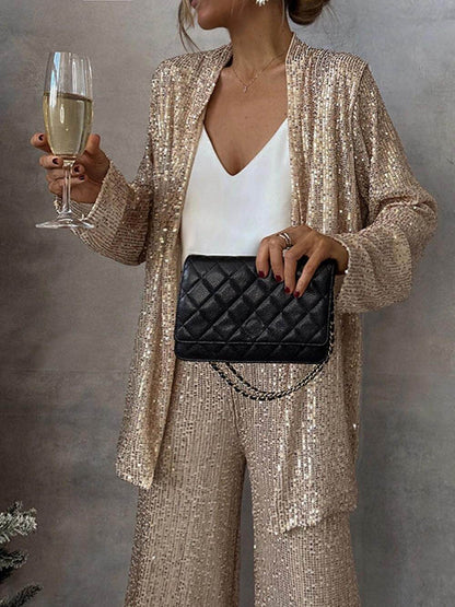 Women's Sparkling Blazer Suit with Wide Legs and Shimmering Sequins