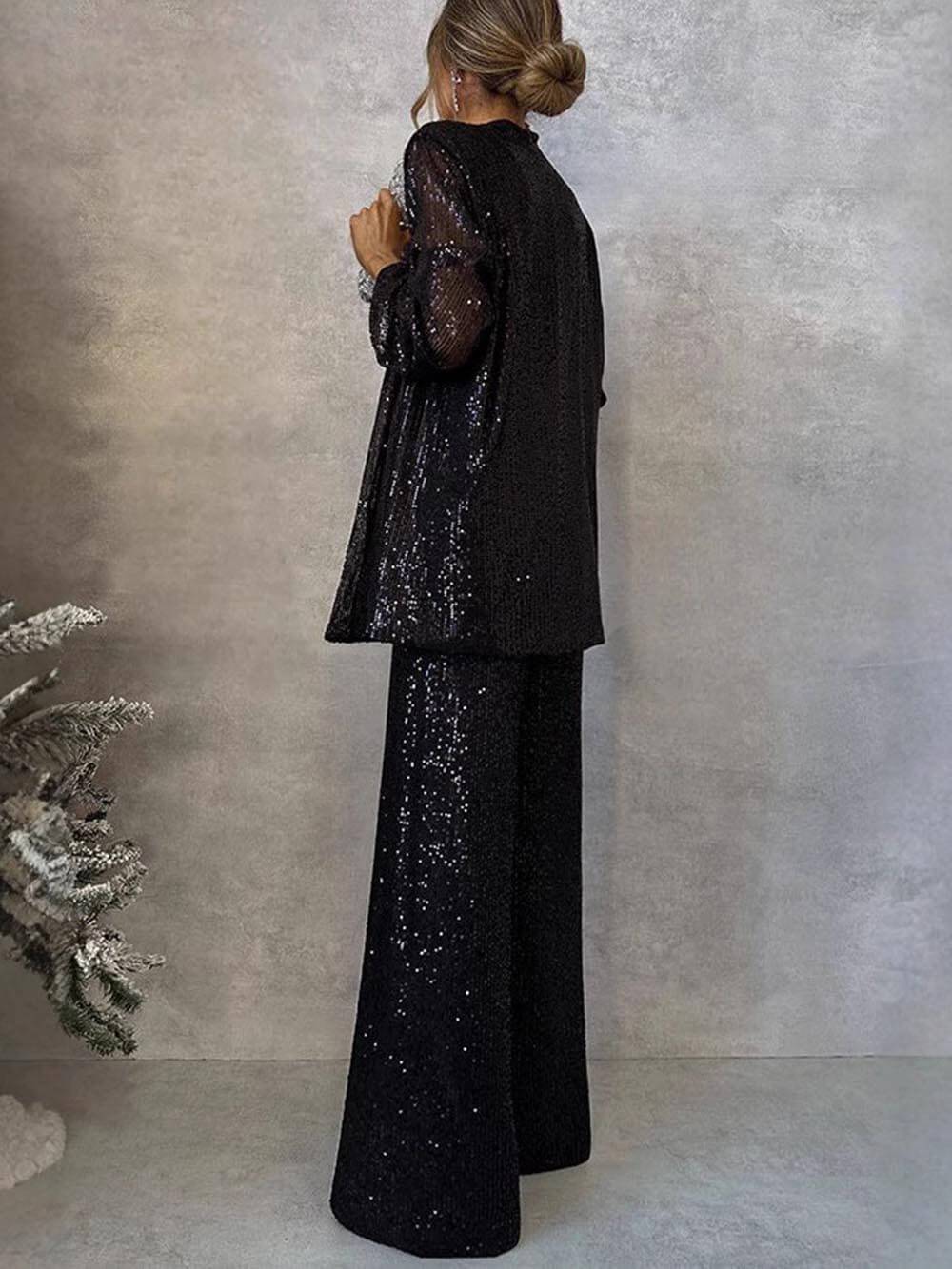 Women's Sparkling Blazer Suit with Wide Legs and Shimmering Sequins