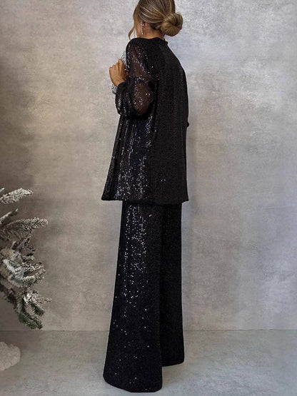 Women's Sparkling Blazer Suit with Wide Legs and Shimmering Sequins