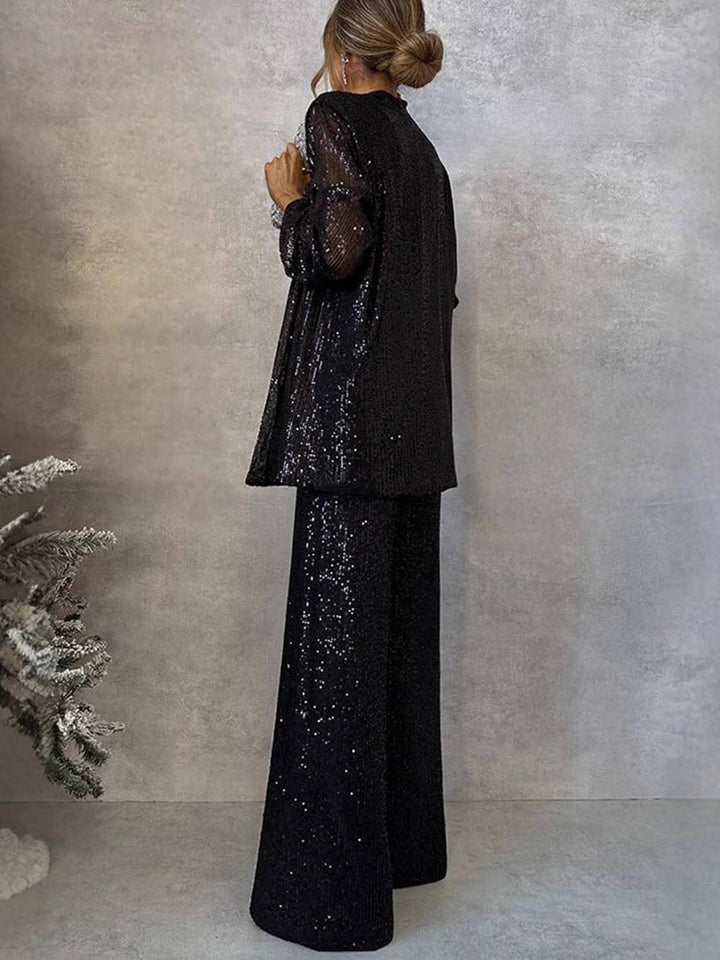Women's Sparkling Blazer Suit with Wide Legs and Shimmering Sequins