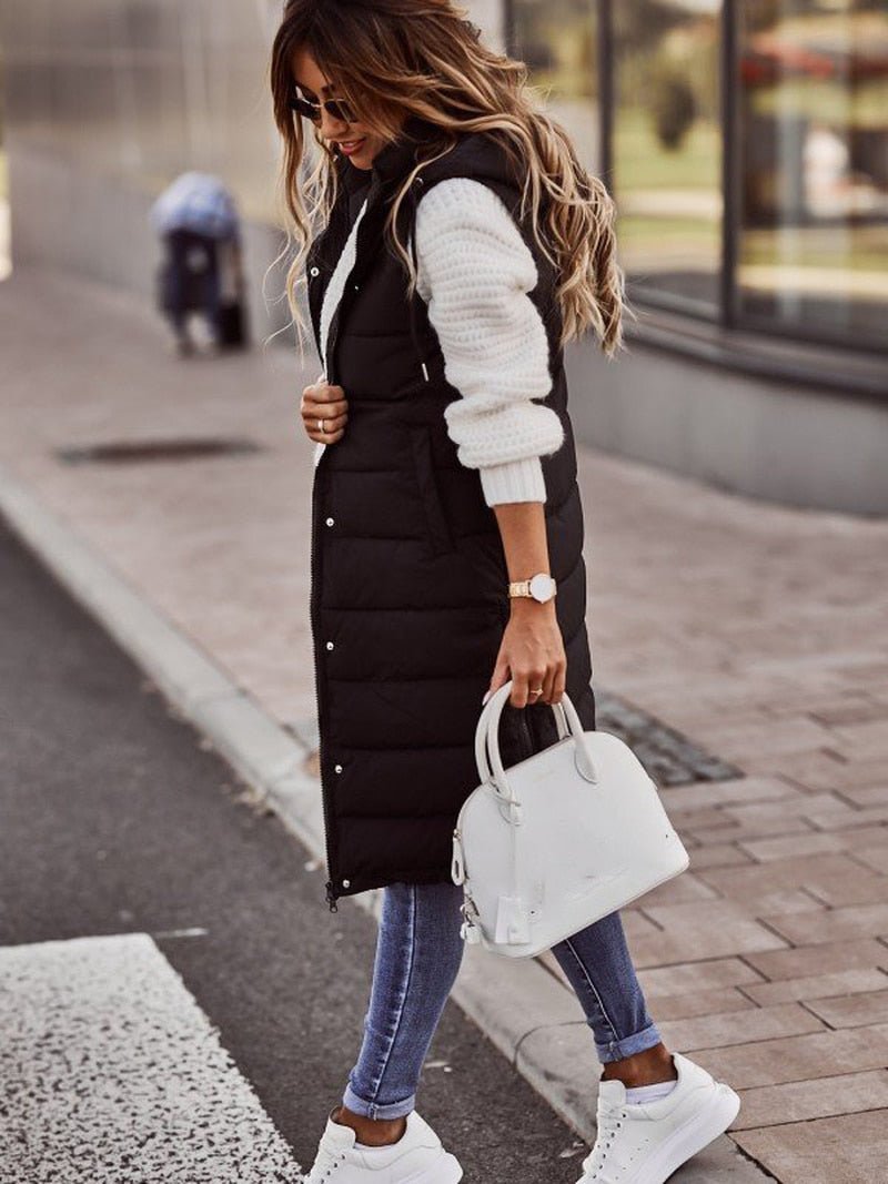 Women's Long Quilted Vest with Hood