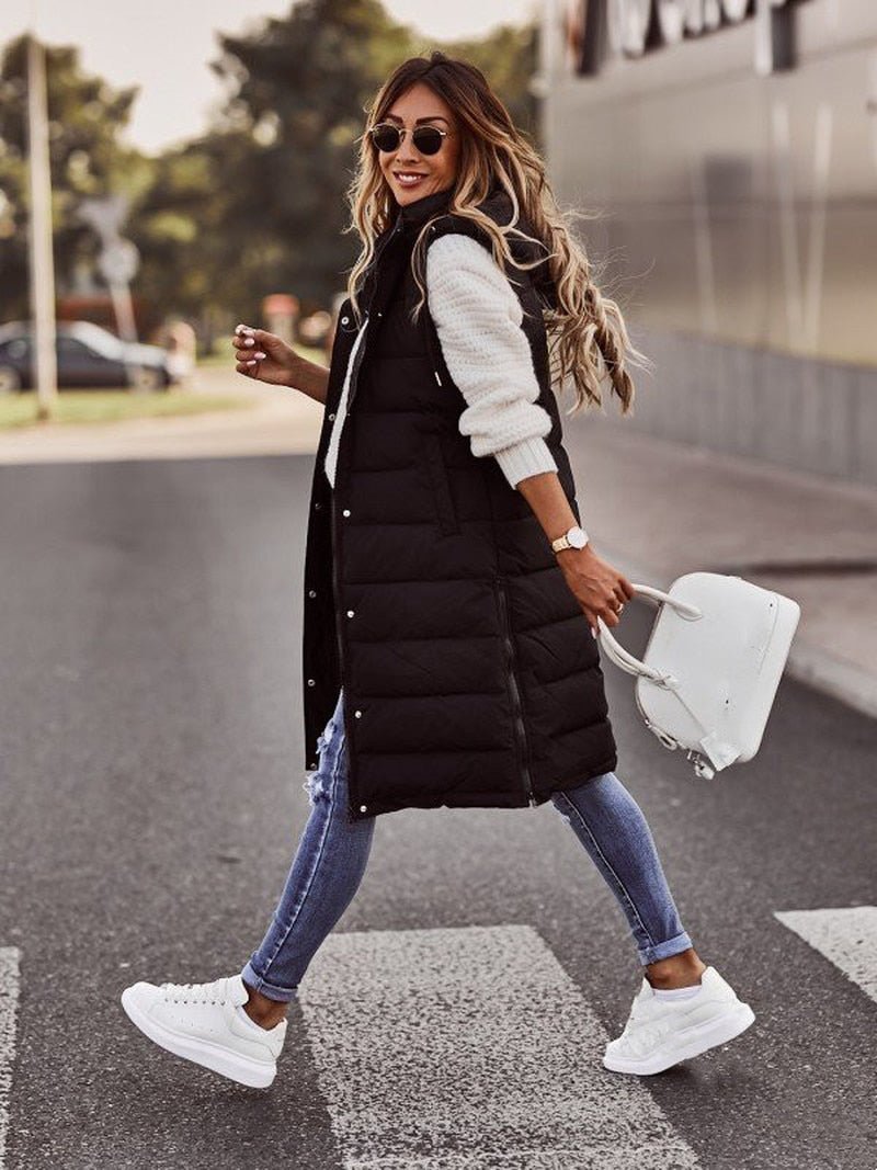 Women's Long Quilted Vest with Hood