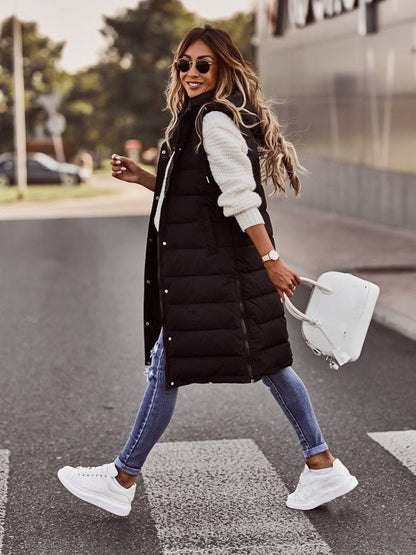 Women's Long Quilted Vest with Hood