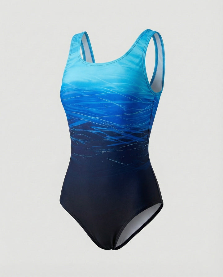Women's One-Piece Sports Swimsuit with Ombre Design & Quick-Drying