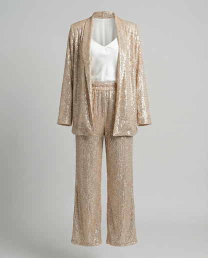 Women's Sparkling Blazer Suit with Wide Legs and Shimmering Sequins