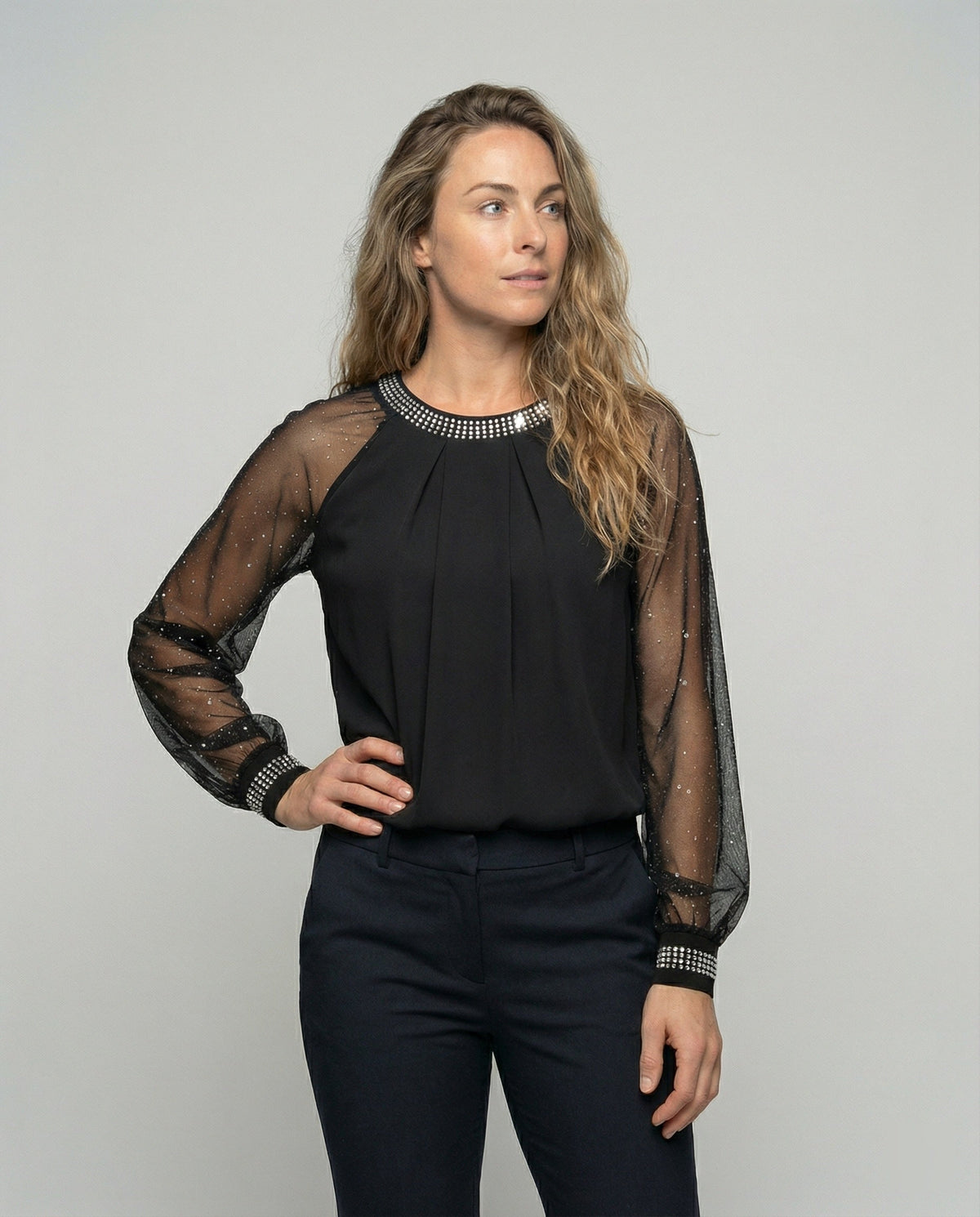 Women's Mesh Blouse with Rhinestone Trim and Sheer Sleeves