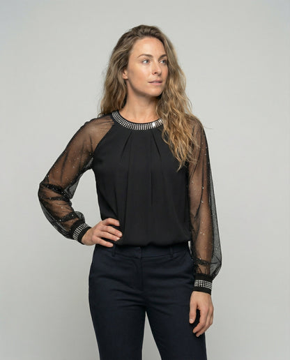Women's Mesh Blouse with Rhinestone Trim and Sheer Sleeves